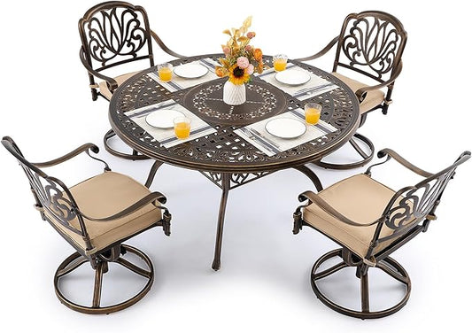 5 Piece Outdoor Dining Set Cast Aluminum, Retro Patio Dining Furniture Set for 4 Includes 54’’ Round Table 4 Swivel Chairs with Thicker Cushion and Umbrella Hole for Patio Deck Garden