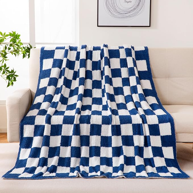 YIRUIO Throw Blanket Checkered Chessboard Fluffy Fuzzy Warmer Comfort Reversible Super Soft Cozy for Home Decor Bed Couch Sofa Living Room (Bluey, 51''x63'')