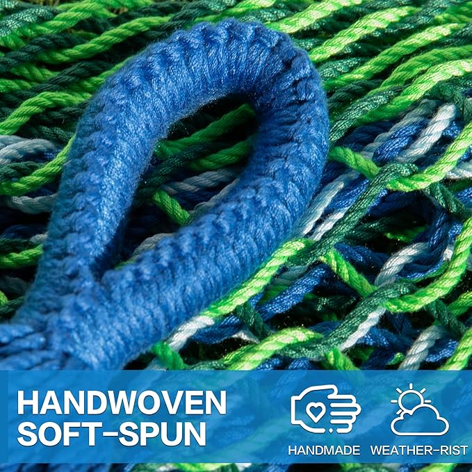 PNAEUT Mayan Hammock, Handwoven XL Thick Soft Rope Hammocks for Outdoor Indoor, Max 600 lbs Capacity, Tree Straps & Carabiners Included (Lake Superior)