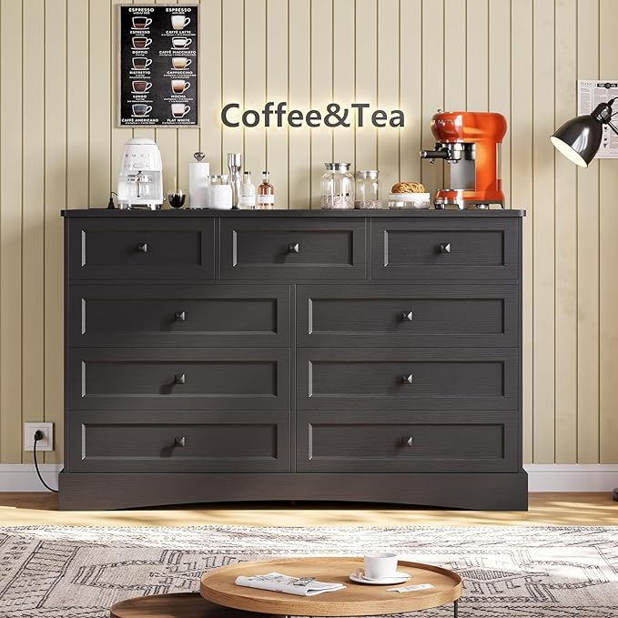 Hasuit Black Dresser for Bedroom with 9 Drawers, 51.2" Large Drawer Dresser with Charging Station, Wide Farmhouse Dresser Chest of Drawers, Wooden Storage Tower Organizer, Dresser for Bedroom Closet