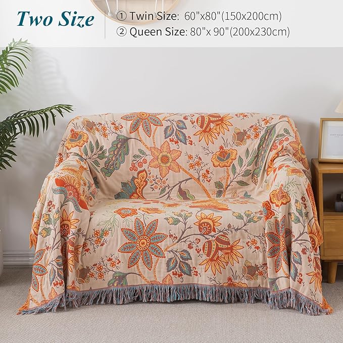 Boho Throw Blanket for Bed-100% Cotton Soft Breathable Farmhouse Decor Boho Quilt for Sofa (Boho Flowers, 80"x90")