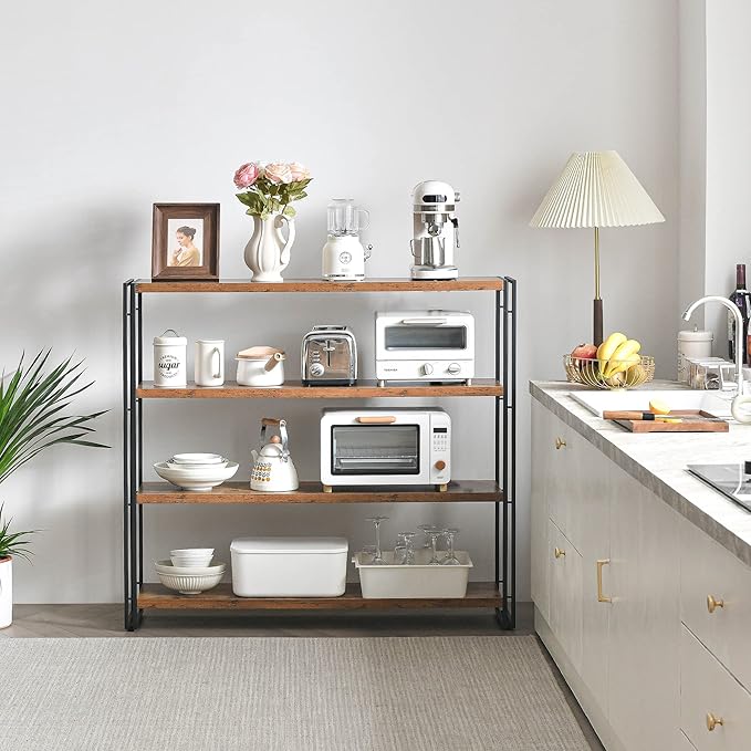 HCHQHS Bookshelf,4-Tier Industrial Bookcase,Rustic Wood and Metal Open Display Book Shelves Home Office,Bedroom Standing Shelf Unit,Horizontal Kitchen Shelf Organizer,Bathroom Storage Rack 47in