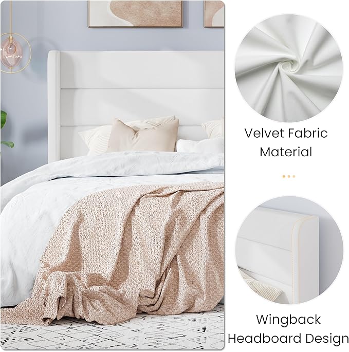 SHA CERLIN Full Size Velvet Bed Frame/Vertical Channel Tufted Wingback Headboard/Upholstered Platform Bed with Wooden Slats/Mattress Foundation/No Box Spring Needed/Easy Assembly/White