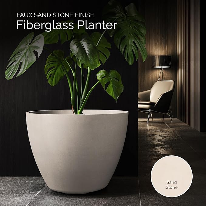 Lupo Tapered Planter – Sand Stone Finish – Fiberglass Indoor/Outdoor and Weather-Resistant Medium Planter (24.4" D x 18.7" H Exterior, 23.1" D x 18.1" H Interior)