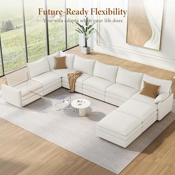 Vesgantti Large Modular Sectional Sofa, Big Comfy Cloud Couch with Ottoman Deep Seat Chenille Cloud Sofa, 8 Seater Large Sectional Couches for Living Room, Bedroom and Apartment, Snow White