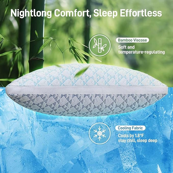 Shredded Memory Foam Cooling Soft Bamboo Viscose Pillow King Size, Adjustable Hypoallergenic Hotel Quality Bed Pillow for Side, Stomach and Back Sleeper, Oeko-TEX Certified