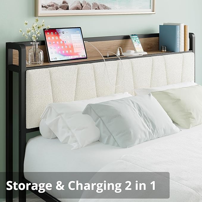 LIKIMIO Queen Bed Frames, Storage Headboard with Charging Station, Solid and Stable, Noise Free, No Box Spring Needed, Easy Assembly, Wood and Cream