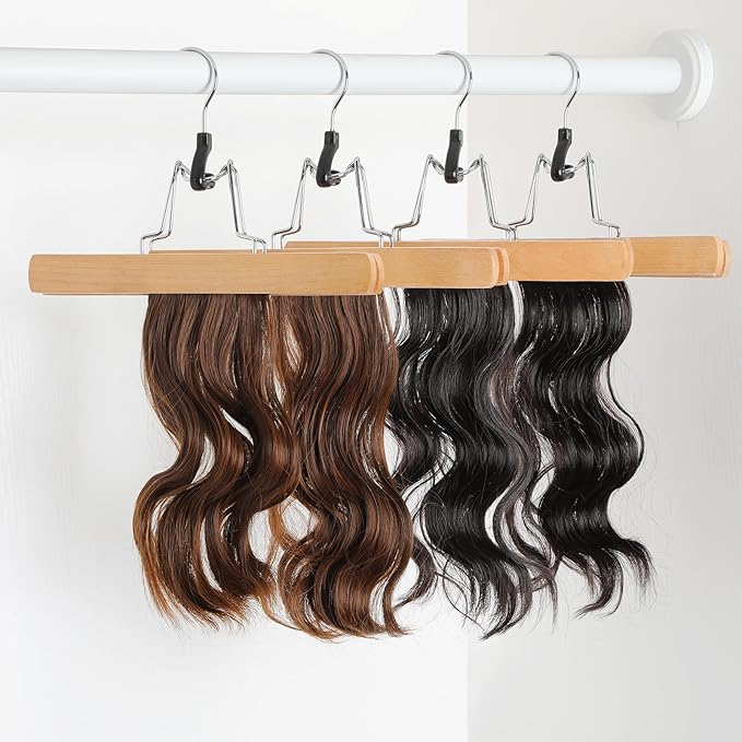 TOPIA HANGER 24 Pack Wooden Pants Hangers, Hair Extension Hangers Non Slip Skirt Hanger Wood Clamp with Velvet Padded 360° Swivel Hook for Jeans, Skirts, Trousers, Wigs Natural CT68N