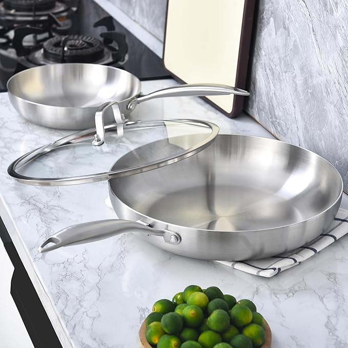 LOLYKITCH 10 Inch Tri-ply Stainless Steel Frying Pan with Lid,Skillet,Induction Cooking Pan,Dishwasher and Oven Safe,Detachable Handle.