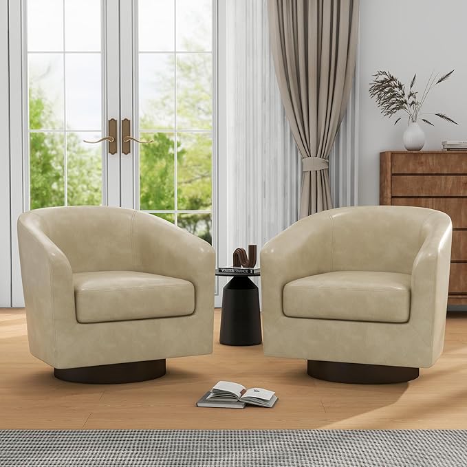 UIXE 360° Swivel Barrel Accent Chair Armchair, PU Leather Round Club Arm Chair for Lving Room, Modern Upholstered Small Bedroom Single Sofa Seat - Cream, Set of 4