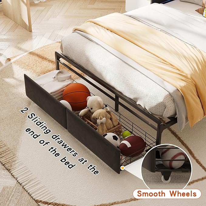 Maupvit Full Bed Frame with Storage Headboard and Drawer,Upholstered Platform Bed Frame with LED Lights & Charging Station,Full Size Bed with Guardrail,No Box Spring Needed,Grey