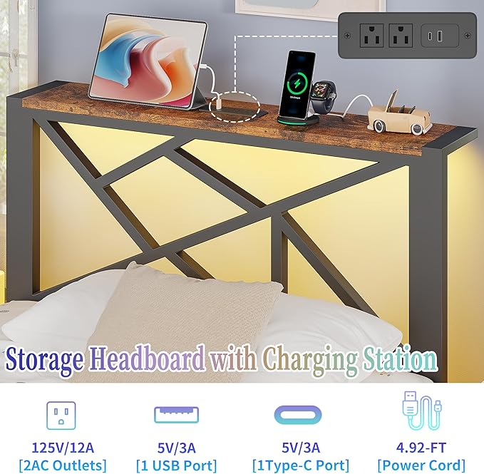 Twin Size Black Metal Bed Frame with USB Charging Station, LED Ambient Lighting, and Wooden Storage Headboard - Includes Under-Bed Storage, No Box Spring Needed, Noise Free, Easy Assembly