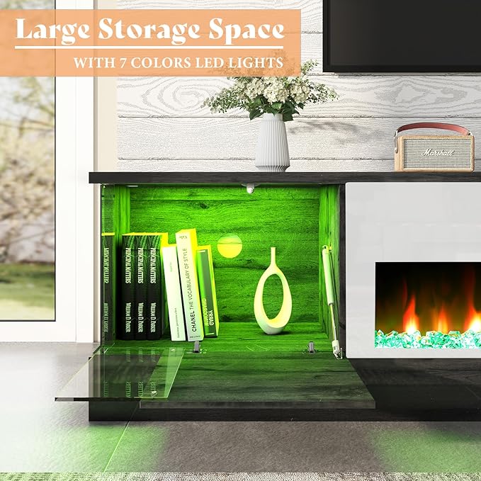 AMERLIFE Glossy Oak Fireplace TV Stand with 40" Fireplace, 80" LED Lights Entertainment Center with Flip Doors & Corner Glass Decor, Modern TV Console Table for TVs up to 90", Living Room, Black&White