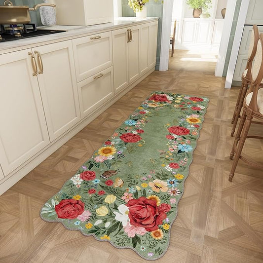 Floral Kitchen Rug 2'x 6' Washable Runner Rugs Non Slip Boho Vintage Low Pile Carpet for Hallway, Entryway, Laundry Room, Bathroom High Traffic Areas Indoor Decor (Green)