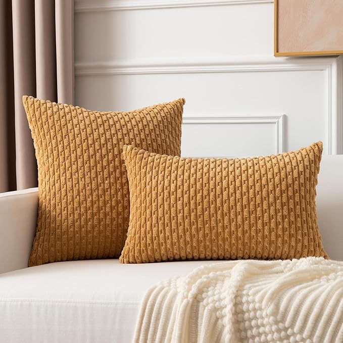 Kevin Textile Throw Pillow Covers Soft Corduroy Decorative Set of 2 Boho Striped Pillow Covers Pillowcases Farmhouse Home Decor for Couch Bed Sofa Living Room 16x16 Inch Gold