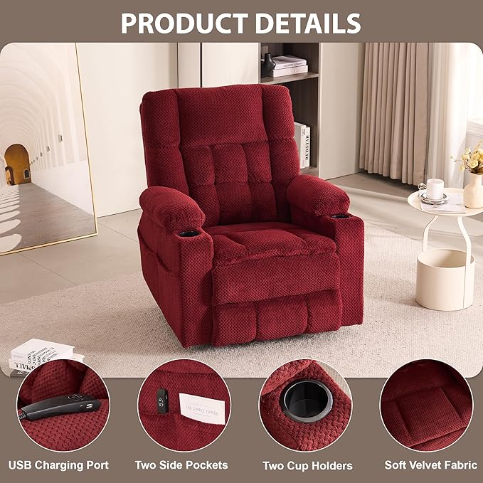 SALOHZA Power Lift Recliner Chair for Elderly with Massage and Heat for Living Room, Electric Recliner Chair for Adults with USB/Type C Port/Cup Holders, Velvet Fabric, Burgundy