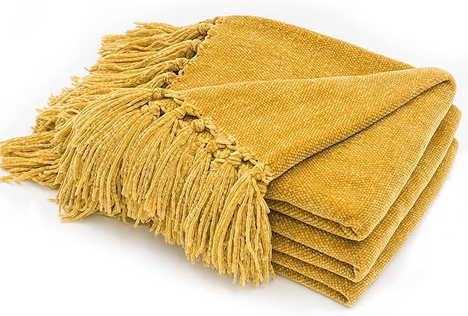 RECYCO Throw Blanket Soft Cozy Chenille Throw Blanket with Fringe Tassel for Couch Sofa Chair Bed Living Room Gift (Mustard Yellow, 50'' x 60'')