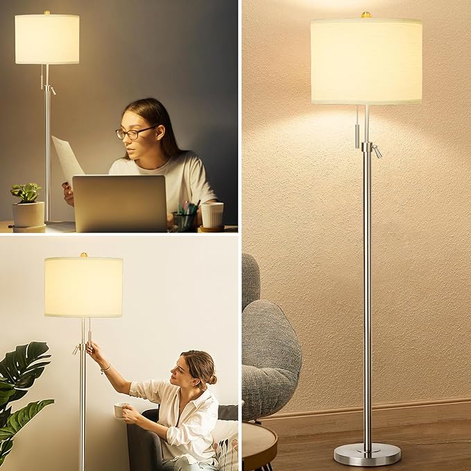 Brushed Nickel Floor Lamp for Living Room, Adjustable Height Standing Lamp with Metal Base, 3-Way Dimmable Tall Pole Light with White Linen Shade for Bedroom, Pull Chain Switch, 6W LED Bulb Included
