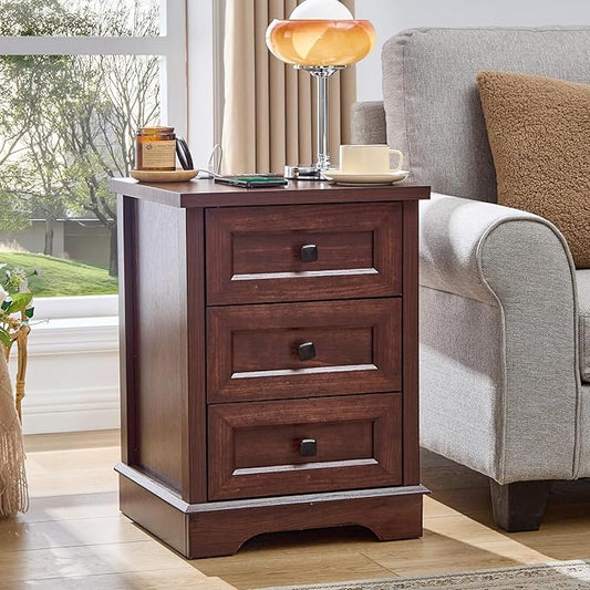 SOOWERY Dresser for Bedroom, Farmhouse Dresser with 3 Wooden Drawers and Storage Cabinet, 25 Inches Tall Side Table Chest of Drawers for Bedroom, Living Room, Hallway, Dark Cherry