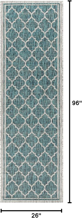 Eyely BMS109E-28 Santa Monica Trebol Moroccan Trellis Textured Weave Indoor/Outdoor Runner Rug Coastal;Bohemian, Bedroom, Backyard, Patio, Easy-Cleaning, Non-Shedding, 2 X 8, Teal/Gray