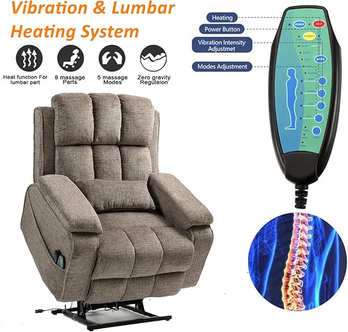 Lift Recliner Chairs for Elderly, Lumbar Power Lift Chair with Heat and Massage, 180° Lay Flat Recliner with Extended Footrest, USB & Type-C Ports and Side Storage for Big Man 400lbs Sleeping