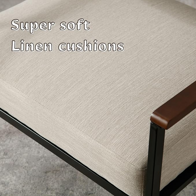 Mid Century Modern Accent Chair Arm Chairs, Comfy Armchair Linen Upholstered with Black Metal, Beige