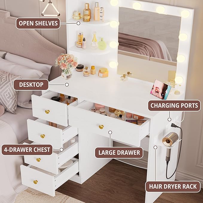 IRONCK Vanity Desk with Mirror and Lights, Small Makeup Vanity Table with 5 Drawers, Power Outlet, and Vanity Stool, 3 Lighting Colors, Dressing Table for Women Girls Bedroom, White