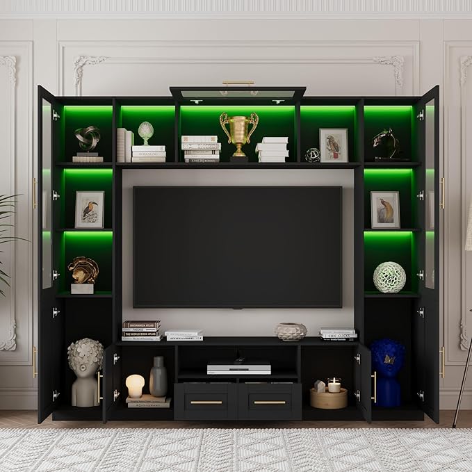 94" Wall Unit Entertainment Center for TVs up to 70", Modern TV Console with LED Lights, Multifunctional TV Stand with Tempered Glass Door, Drawers & Shelves for Living Room, Black