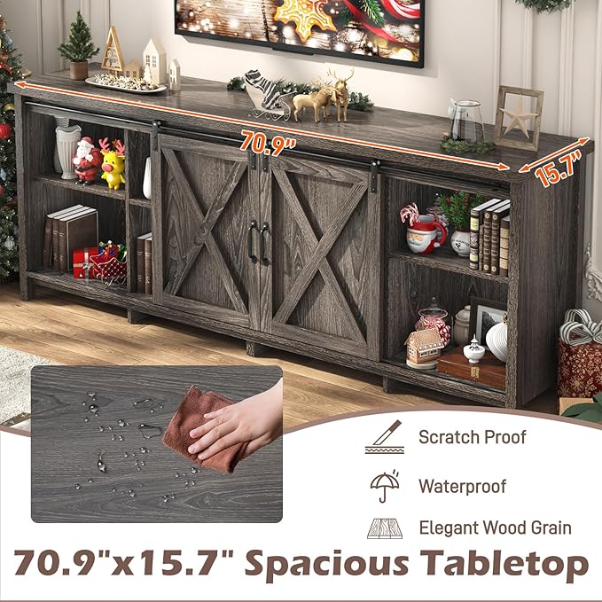 Farmhouse TV Stand for 80 Inch TV with Sliding Barn Door, Rustic Wood Entertainment Center Large Media Console Cabinet Long Television Stands,Console Table and Media Furniture for Living Room(Grey)