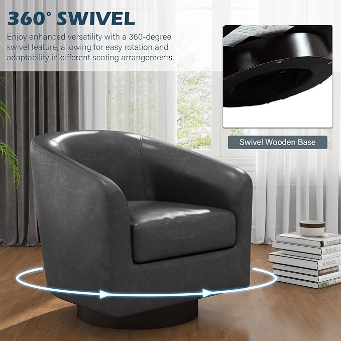 UIXE PU Leather Swivel Barrel Accent Chair Armchair for Living Room, Modern Round Club Arm Chair Upholstered Single Sofa Seating Corner Nook Side Reading Seat - Black