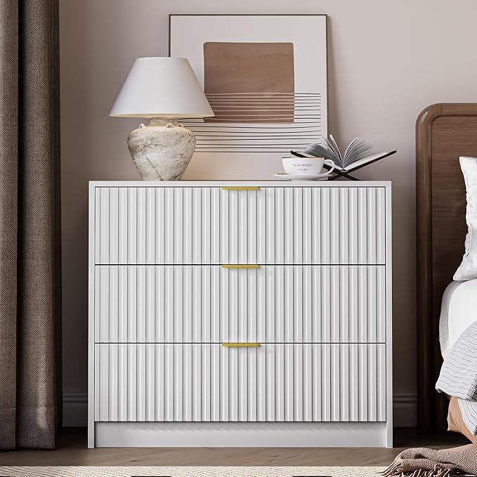White Fluted Dresser for Bedroom, 32 Inch Wide Nightstand with Large Drawer, 3 Drawer End Table for Bedroom, Living Rooms, Offices, and Entryways
