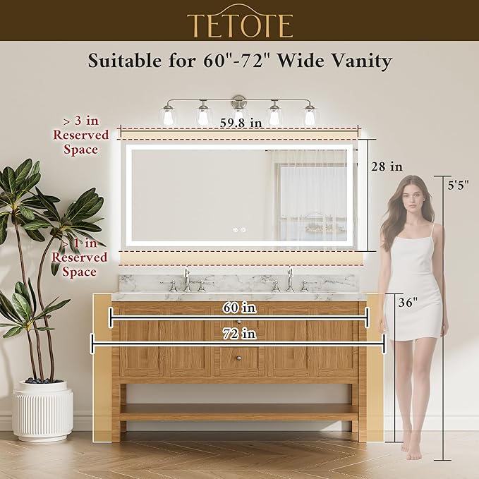 TETOTE 60 x 28 LED Lighted Bathroom Mirror with Lights, Brighter Front and Backlit Light up Mirror for Bathroom Vanity Wall, 3-Color Dimmable Illuminated Antifog Mirror, Waterproof, Tempered Glass