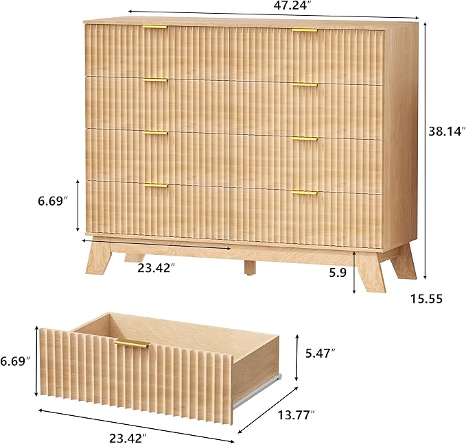 Fluted Dresser for Bedroom, 8 Drawer Dressers & Chest of Drawers, Mid Century Modern Dresser for Closet Boho Bedroom Furniture, Nature Wood Chest of Drawers Storage Organizer for Living Room