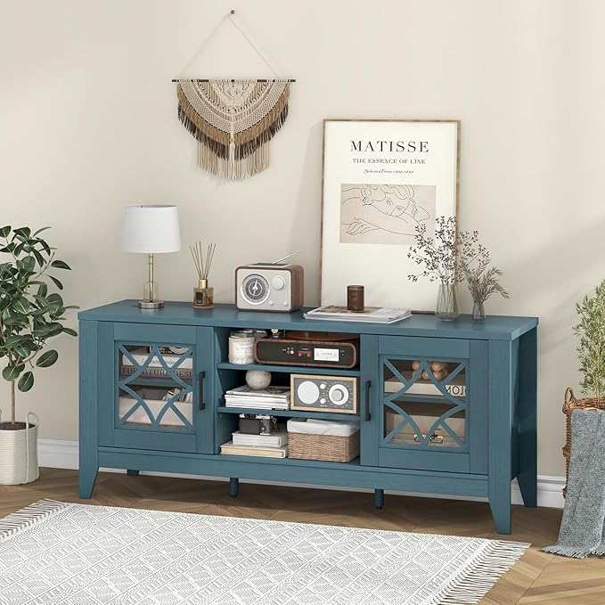 Tangkula Farmhouse TV Stand for TVs Up to 65-in, Classic Media Entertainment Center w/Glass Door Cabinets & 4 Adjustable Shelves, Modern TV Console Table w/ 3 Cable Holes for Living Room (Teal Blue)