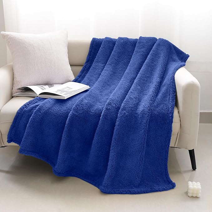 Sherpa Throw Blanket for Bed, Super Soft Cozy Fuzzy Plush Blankets for Winter, Reversible Thick Warm Blanket for Bed, Couch, Living Room, Navy, Queen Size 90"x 90"