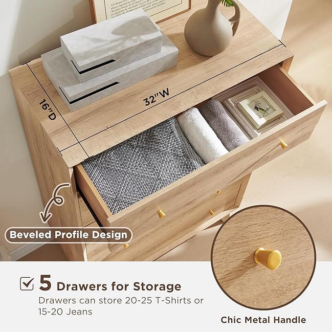 RedLemon 5 Drawer Dresser, 48" Tall Mid Century Modern Chest of Drawers, Beveled Profile Design, Wood Drawer Organizer for Bedroom, Living Room, Hallway, Natural Oak Color