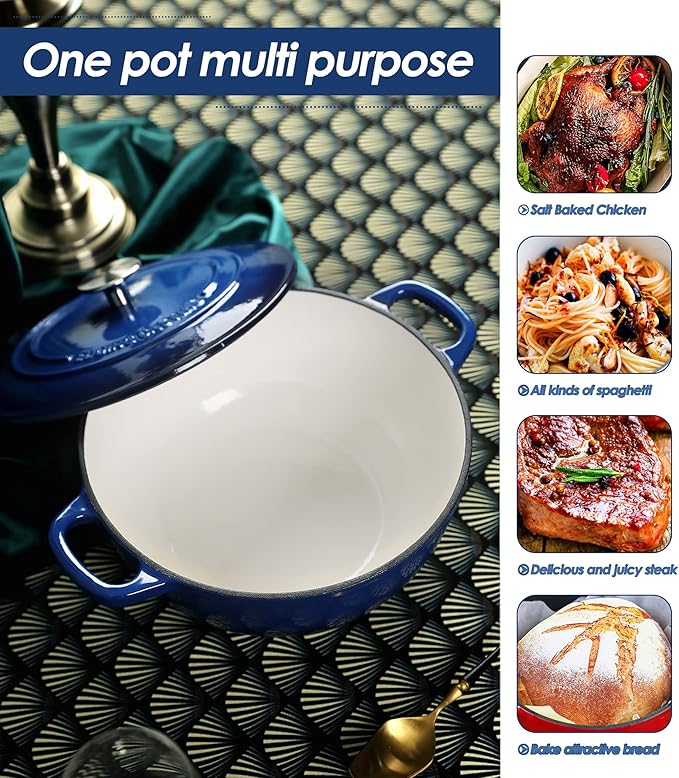 Enameled Cast Iron Dutch Oven Pot with Lid for Sourdough Bread Baking, Bread Dutch Ovens, Cooking Pots, 3.5 Quart, Indigo