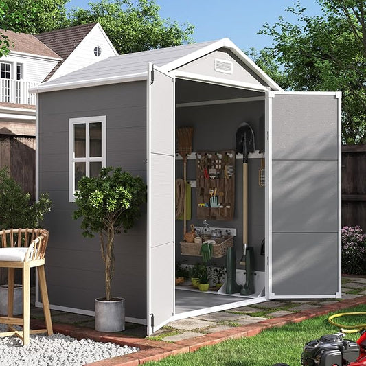 UDPATIO Outdoor Resin Storage Shed 6x4.5 FT, Plastic Garden Shed for Bike, Garbage Can, Tool, Outside Sheds with Lockable Door for Backyard, Patio, Lawn, Grey & White