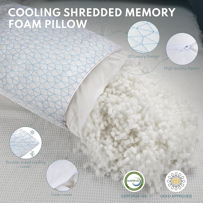 COZSINOOR Cooling Pillows Queen Size Set of 2 for Sleeping - Adjustable Shredded Memory Foam Pillows 2 Pack, Cool Pillow for Back, Side and Stomach Sleepers, Bed Pillow Removable Cover Washable