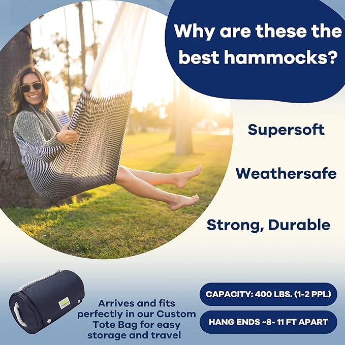 Handwoven Hammock by Yellow Leaf Hammocks - Double Size, Fits 1-2 PPL, 400lb max - Weathersafe, Super Strong, Easy to Hang, Ultra Soft, Artisan Made - Color: Stripe Navy Blue - White