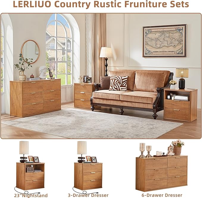LEYAOYAO Fluted 6 Drawers Dresser Set of 2, 48" Wide Modern Chest of Drawers with Metal Handle, Brown Curved Profile Dresser TV Stand, Wooden Drawer Organizer for Bedroom, Living Room, Hallway