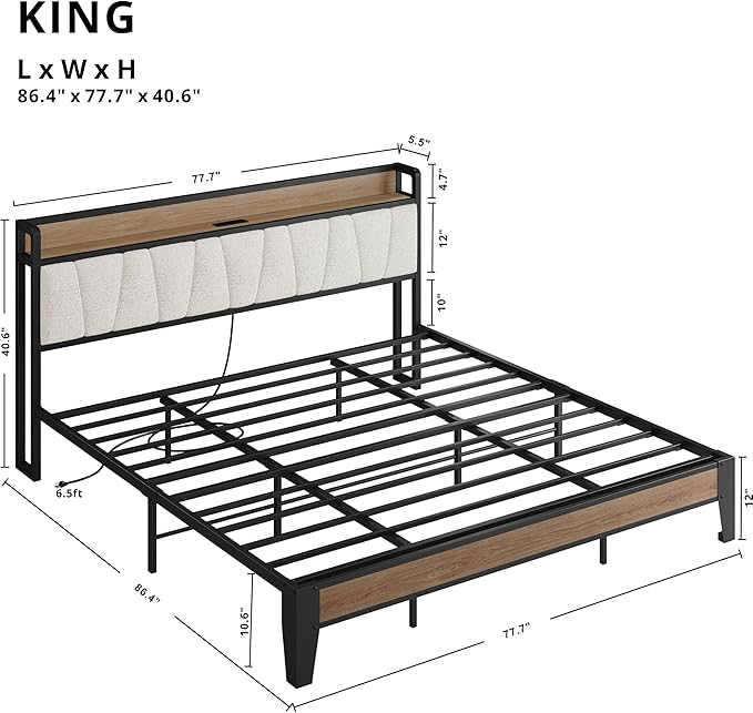 LIKIMIO King Bed Frames, Storage Headboard with Charging Station, Solid and Stable, Noise Free, No Box Spring Needed, Easy Assembly, Wood and Cream
