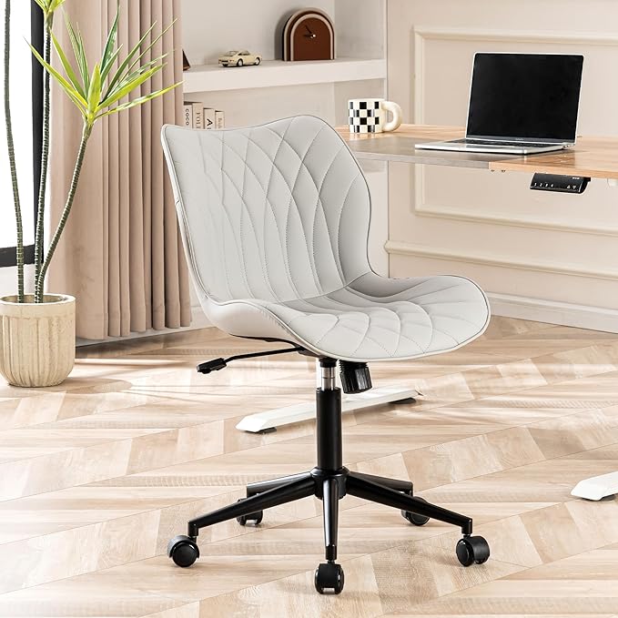 YOUNUOKE Armless Desk Chair Comfy Office Chair with Wheels Home Ergonomic Task Chair Adjustable Computer Chairs Modern Faux Leather Swivel Chair Upholstered Makeup Vanity Chair with Back(Gray)