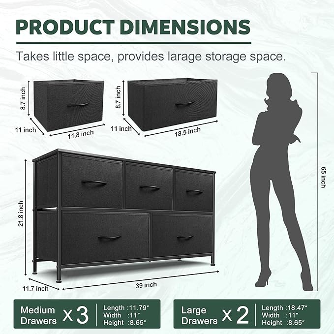 Dresser for Bedroom with 5 Drawers, Chest of Drawers, Storage Drawers Organizer Unit, Black Wide Fabric Dresser with Fabric Bins for Closet, Living Room, Bedroom (Black and Rustic Brown)