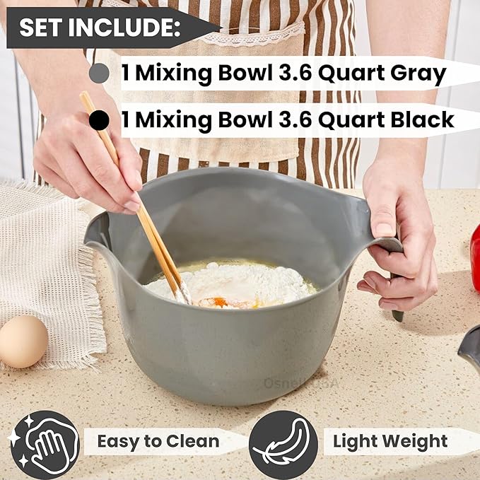 2 Pcs Large Mixing Bowls with Handles, 3.6 qt - Plastic Nesting Bowls for Kitchen, Lightweight Batter Bowls, Easy to Clean, Black & Gray