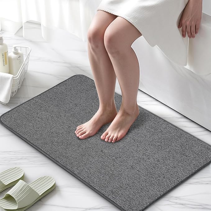 Thin Bathroom Rugs, Bath Mat Super Absorbent, Bath Rugs Rubber Backing Non-Slip, Quick Dry Machine Washable, Cozy Cloth Bathroom Mat fit Under Door/Bathtub/Sink/Shower/Kids 19''x30''-Dark Grey