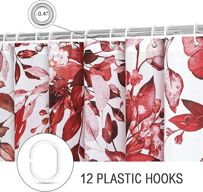 Gibelle Burgundy Red Eucalyptus Shower Curtain, Watercolor Plant Leaves with Floral Bathroom Shower Curtain Set with Hooks, 72x72
