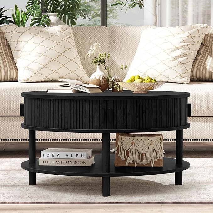RARZOE 31.5" Round Coffee Table with Storage, Wood Circle Coffee Table with Sliding Cabinet Doors, Fluted Dining Table Accent Center Table for Living Room Home Office Apartment, Black