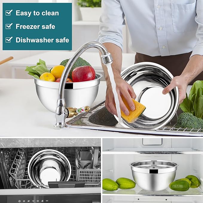 E-far Mixing Bowls with Lids, 6-Piece Stainless Steel Salad Bowls Metal Nesting Bowls for Baking Cooking and Prepping, Airtight Lids & Stackable Design, Size 4.5, 3, 1.5 QT (Blue)