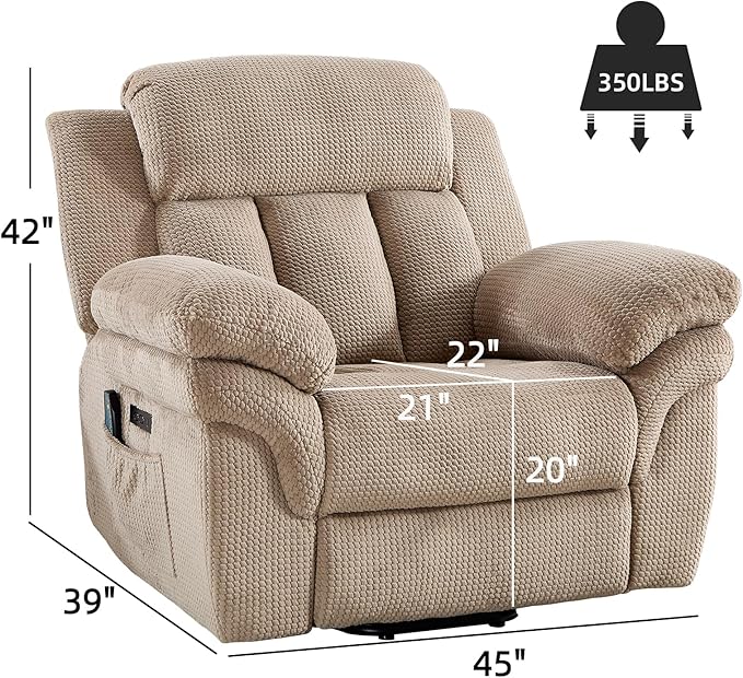 Phoenix Home Oversize Power Lift Recliner Chair with Heat & Massage for Elderly, Extra Large Electric Chair for Adult, Recliners for Living Room,2 Side Pockets, USB and Type-C Port, Light Brown